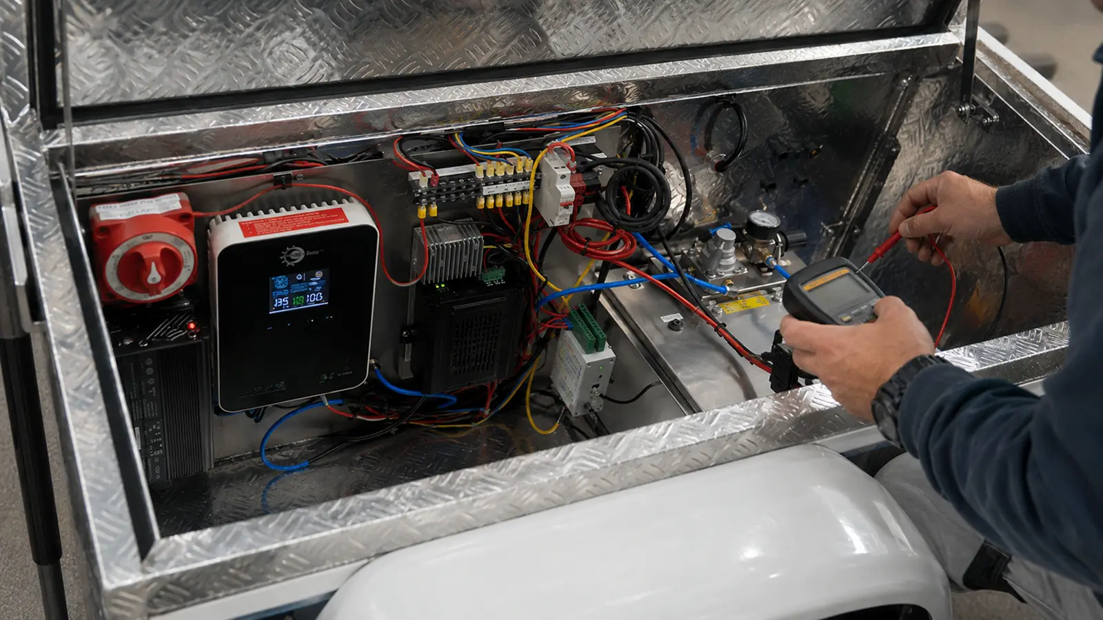MobileSolarPro diamond-plate enclosure with organized charge control, wiring, breakers, and power electronics