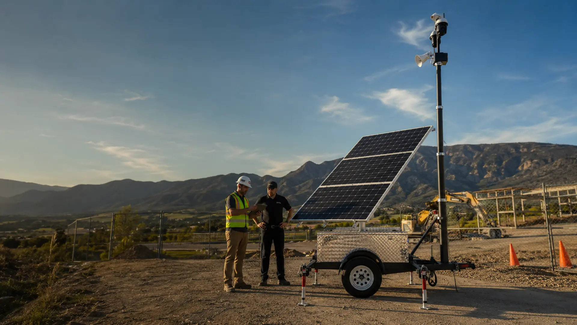 MobileSolarPro mobile solar surveillance trailer deployed with solar array, mast, cameras, and stabilizing jacks