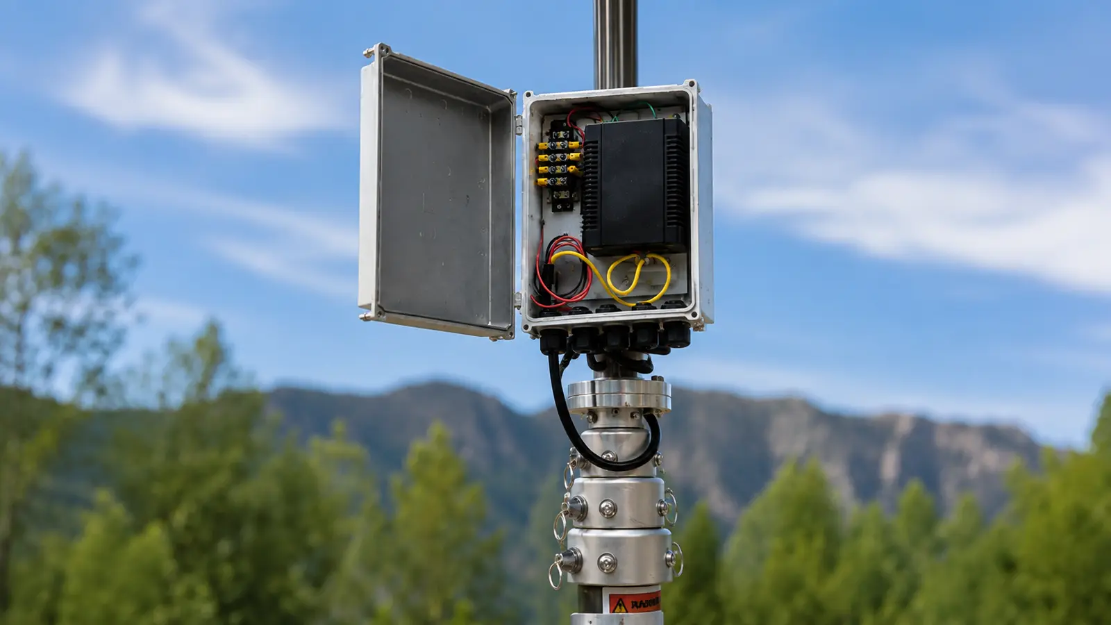 MobileSolarPro mast junction box with organized electronics, cabling, mast clamp hardware, and camera equipment