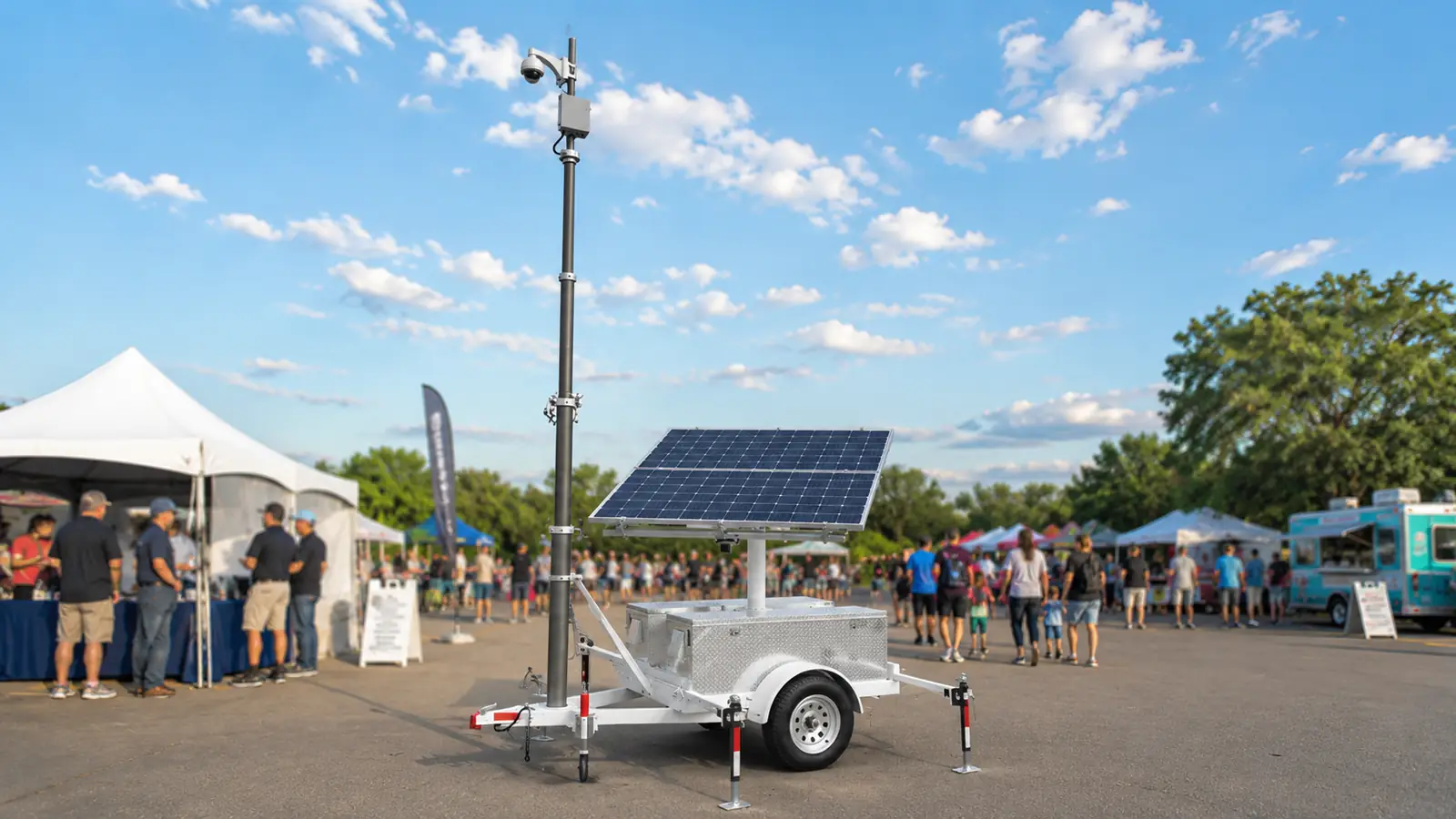MobileSolarPro trailer providing quiet temporary power and security coverage for an outdoor gathering