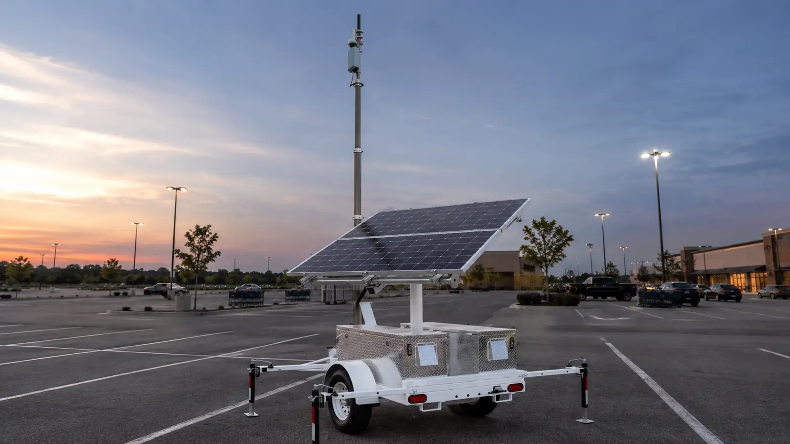 MobileSolarPro solar surveillance trailer deployed in a commercial parking lot for theft deterrence and vehicle monitoring