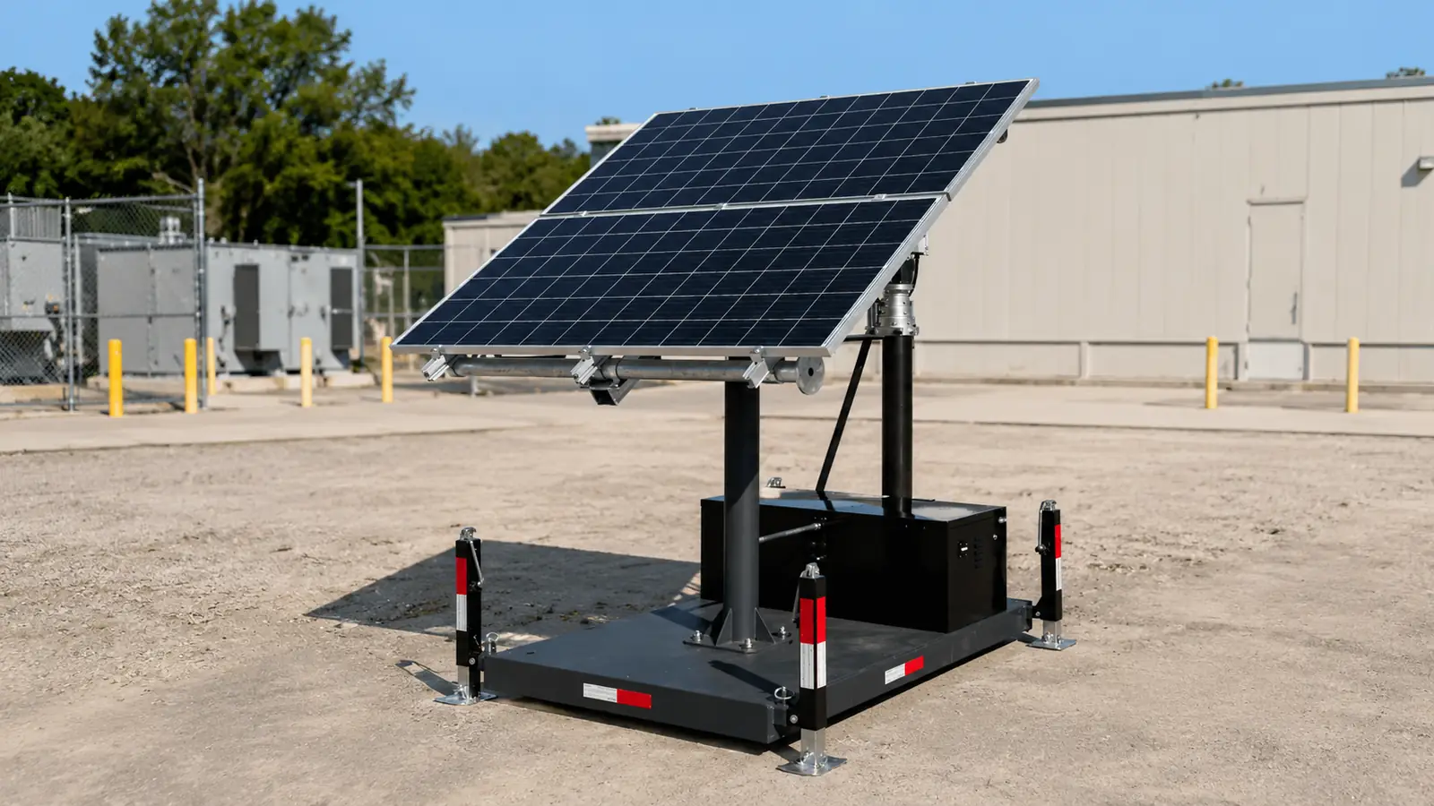 MobileSolarPro skid-mounted solar power system deployed at an industrial utility site with clients reviewing placement