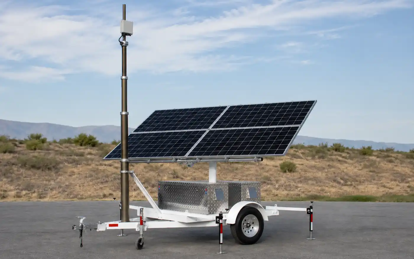 Mobile solar platform prepared for temporary site power and surveillance