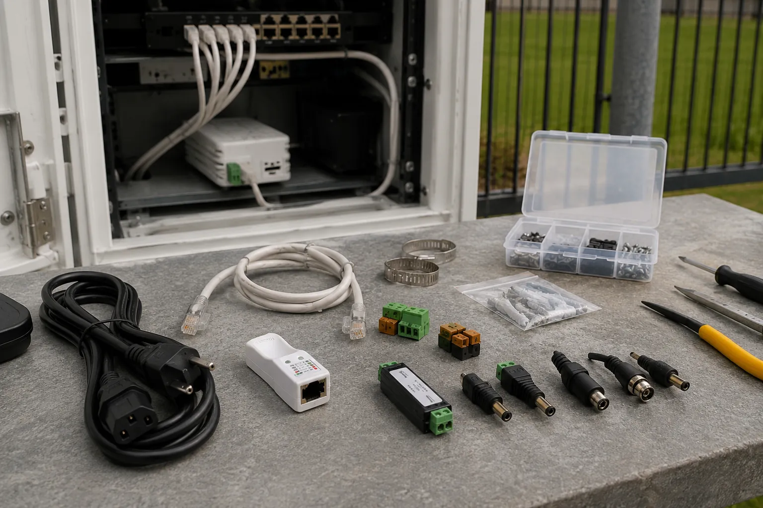 Tycon Power accessories including testers, adapters, relays, cords, and enclosures
