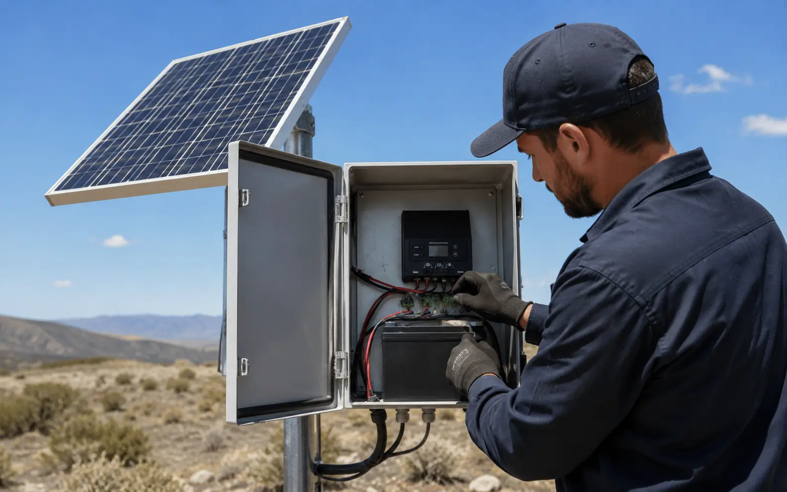 Technician working on a remote solar power system enclosure
